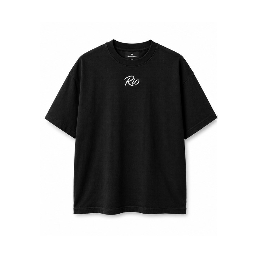 Front of Oversized The Barber tee — small Rio script on chest